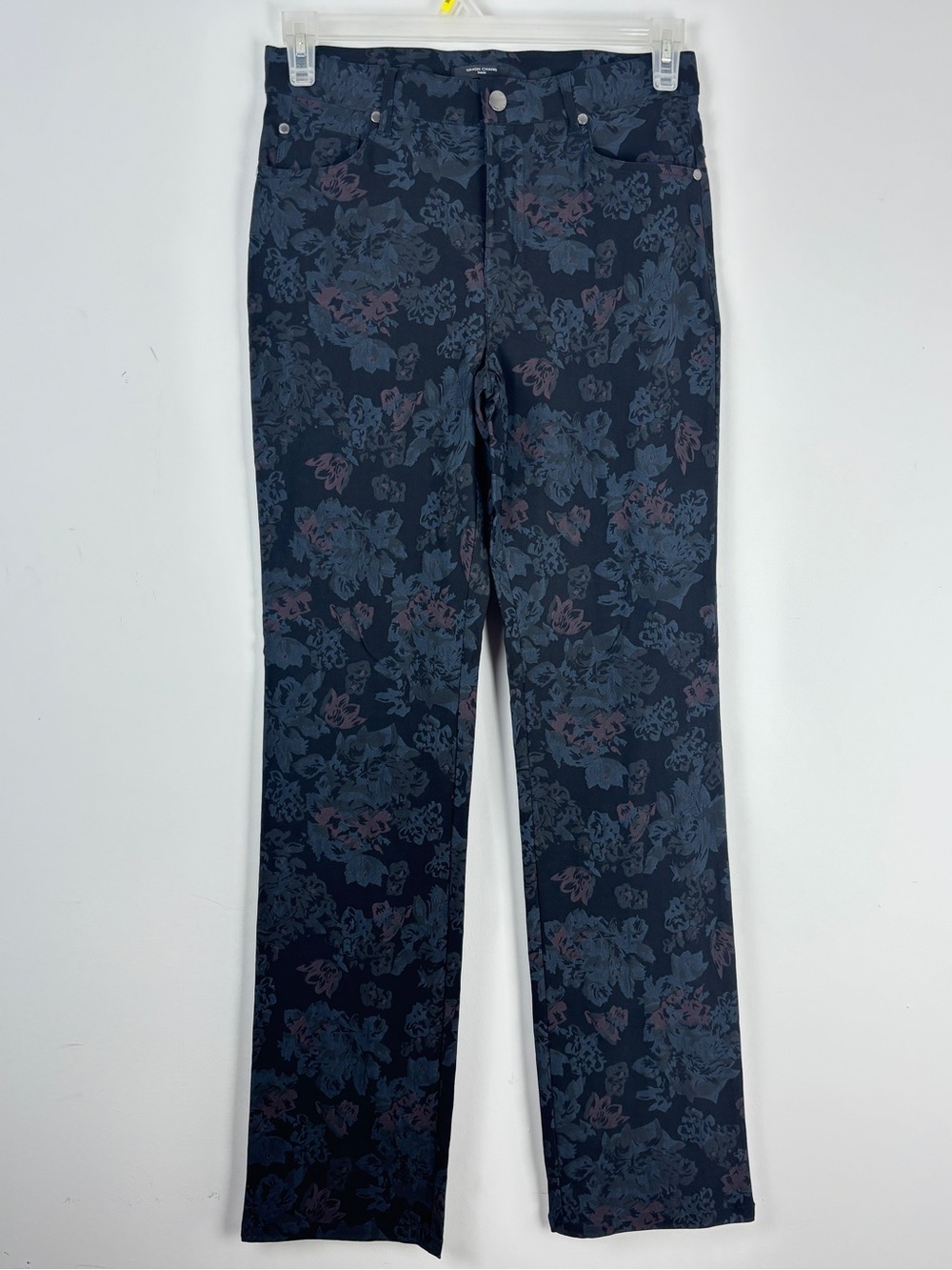 Simon Chang Dark Floral Straight Leg Pants Size 8 Stretch Rayon Blend Trouser
